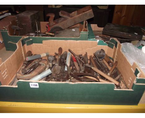 Three shallow boxes containing a quantity of vintage small hand tools to include miniature anvil, a cased Galtona set number 
