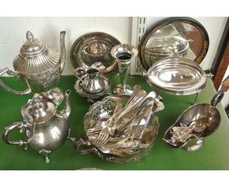 Mixed silver plated wares to include a good quality teapot in the Georgian manner with vacant central cartouche, further teap