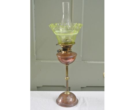 Attributed to W A S Benson a good quality copper and brass oil lamp with domed base, knopped stem, Hinks & Sons patent Duplex
