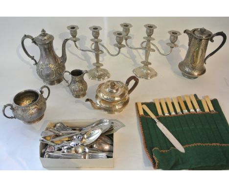 A pair of three divisional fluted candelabrum, silver plated ewer, coffee pot, two handled sugar basin and milk jug, a mixed 