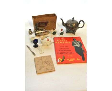 A small miscellaneous collection to include a boxed Simplex Spirit Gas travelling iron, a silver plated teapot, ceramic and g