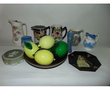 A small collection of ceramics and glassware including a Wedgwood green ground Jasper ware bowl and cover, Wedgwood blue grou