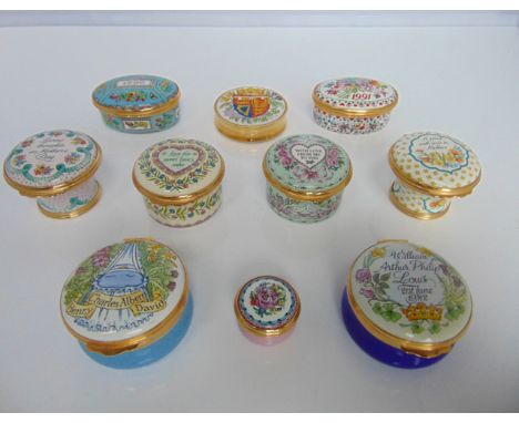 A collection of Halcyon Days and Crummles enamel trinket and pill boxes including Mothers Day examples, royal commemorative e