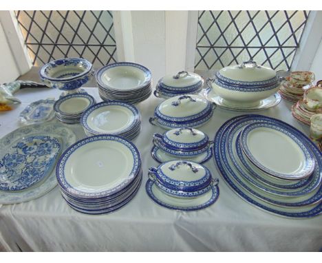 A quantity of Swinnertons dinner wares with blue and white printed border decoration comprising soup tureen, cover, stand and