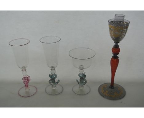 Venetian glass to include a highly decorated candlestick with wrythen stem and gilded garland detail to bowl, marked to under