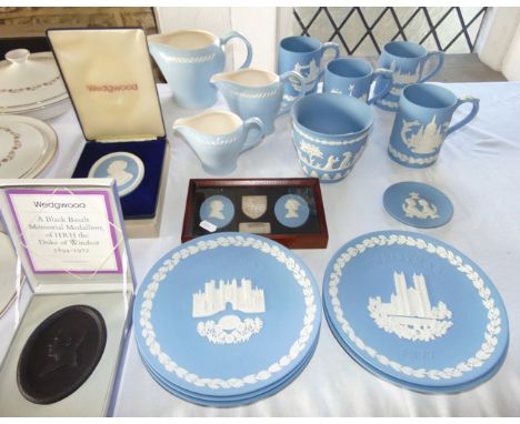 A quantity of Wedgwood Jasper wares including a boxed plaque commemorating the 150th anniversary of the death of Lord Byron (