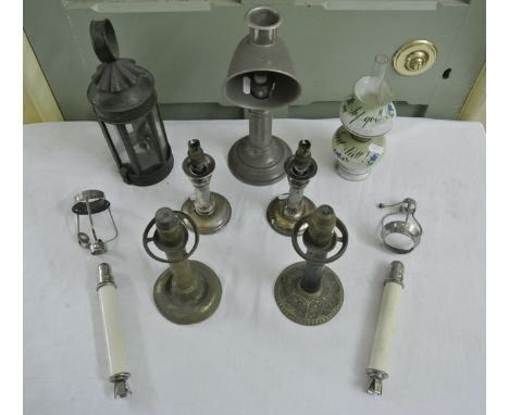Two Palmer & Co Makers London, sprung candle lamps of varying design a further candle lamp with domed shade/reflector, an Old