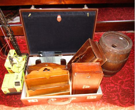 A vintage suitcase containing timber document shelves, a stained timber cutlery tray, a box containing a collection of button