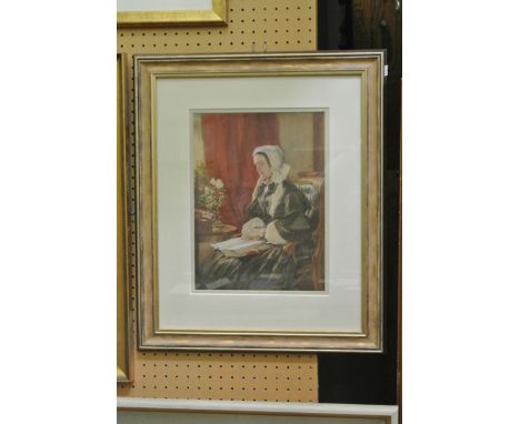 A mid 19th century watercolour three quarter length portrait of a seated lady in black dress with white lace bonnet, reading 