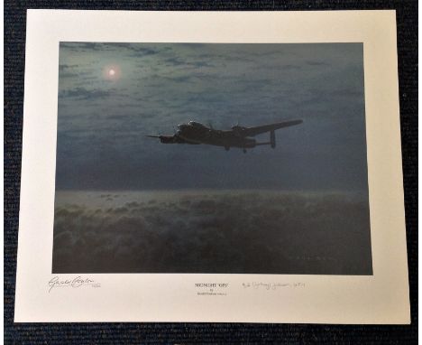 Gerald Coulson Midnight Ops an atmospheric print showing a Lancaster bomber flying by moonlight and signed by Dam Busters Rai