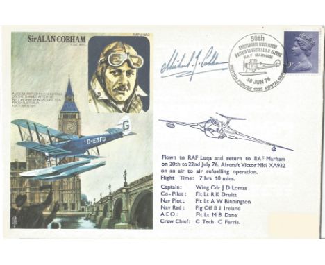 Sir Alan Cobham commemorative RAFMHA3 flown FDC signed by Michael Cobham PM British Forces 1535 Postal services 50th Annivers