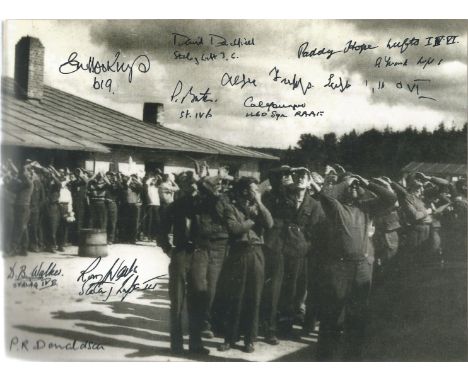 World War II 10X8 black and white photo signed by 10 bomber command and army prisoners of war includes W O Phil Bates 149 Sqd