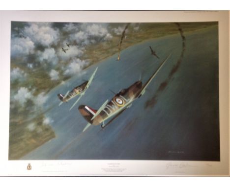 Battle of Britain Print 22x30 titled Chariots of Fire signed in pencil by the artist Gerald Coulson and Air Vice Marshall Joh