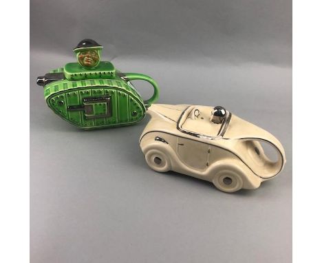 CERAMIC TEA POT MODELLED IN THE FROM OF A TANK, along with another in the form of a race car (2)