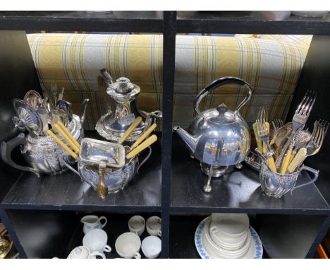 SILVER PLATED THREE PIECE TEA SERVICE, along with other silver plated items, including a wine slide, kettle and cutlery