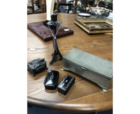 ARTS &amp; CRAFTS STYLE HAMMERED PEWTER BOX, 17cm wide, along with a miniature trinket box, two mother of pearl inlaid snuff 