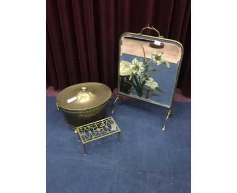 EARLY 20TH CENTURY TWIN HANDLED LIDDED BRASS COAL BUCKET, along with a fire screen and a stand (3)