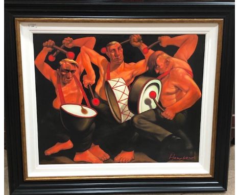 AFTER PETER HOWSON, DRUMMERS print on canvas 59cm x 76cm Framed