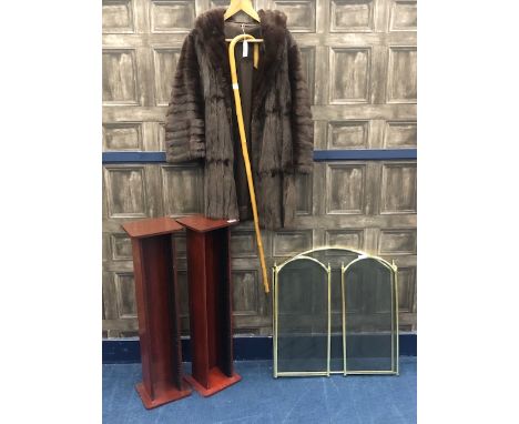 VINTAGE FUR COAT, along with a brass fire guard, walking stick and a pair of cd display racks (5)