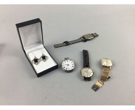 COLLECTION OF COSTUME JEWELLERY AND WATCHES,including a red gem set gold ring with Birmingham marks (worn), a silver pocket w