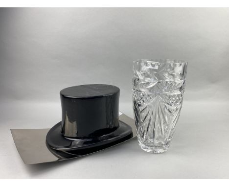 MODERN CRYSTAL VASE, 25cm high, along with a ceramic model top hat and a contemporary steel comport (3)