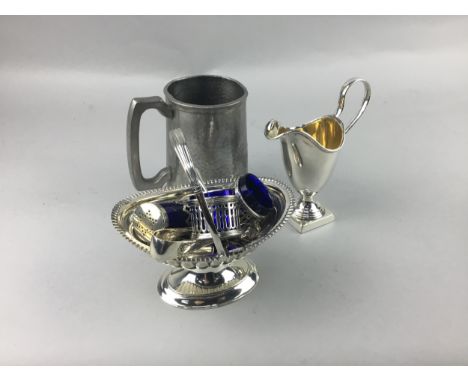 HAMMERED PEWTER TANKARD, along with a collection of silver plated ware, including a cream jug in the form of a helmet