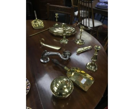 LOT OF BRASS WARE, including a Lipton's tea caddy, candlesticks, a shovel and other items