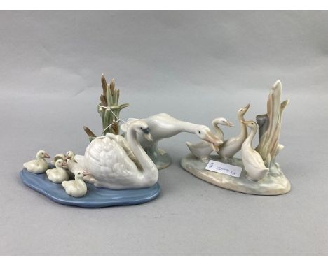 LLADRO FIGURE GROUP OF SWANS, 15cm wide, along with a Lladro figure of a swan and a Nao figure (3)