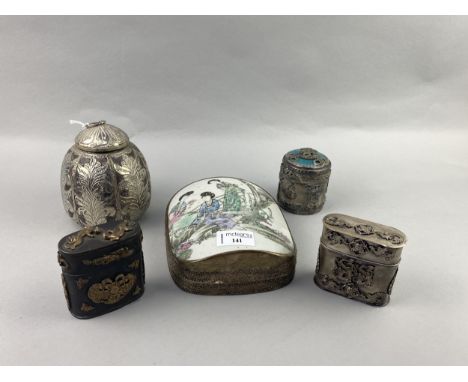 LOT OF CHINESE WHITE METAL BOXES, three with ceramic inset covers, along with five snuff bottles (11)
