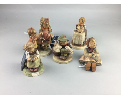 SIX HUMMEL FIGURES, including a boy with rabbits and child reading, tallest 11cm high (6)