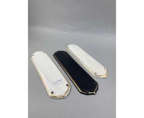 FOUR CERAMIC DOOR FINGER PLATES, 30cm long, along with a Victorian part blue and white dinner service and other plates
