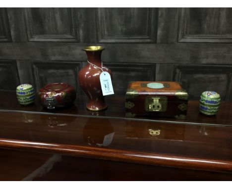 PAIR OF CHINESE CLOISONNE ENAMEL LIDDED JARS, along with a cloisonne enamel vase, stained wood trinket box with carved hardst