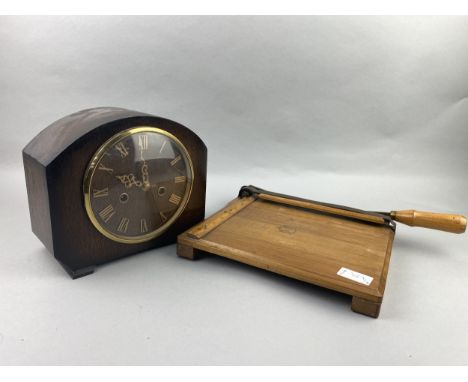 SMITHS ENFIELD OAK CASED MANTEL CLOCK, along with a guillotine and a convex mirror (3)