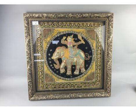 WALL TAPESTRY OF MAN RIDING AN ELEPHANT, mounted, framed and under glass, 59cm x 59cm