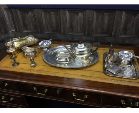 THREE PIECE PLATED TEA SERVICE, along with other plated items