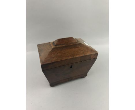 VICTORIAN MAHOGANY TEA CADDY, of Sarcophagus form, 21cm high