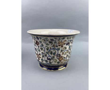 CERAMIC PLANTER, with floral and gilt decoration, along with a ginger jar, lamp and five cups