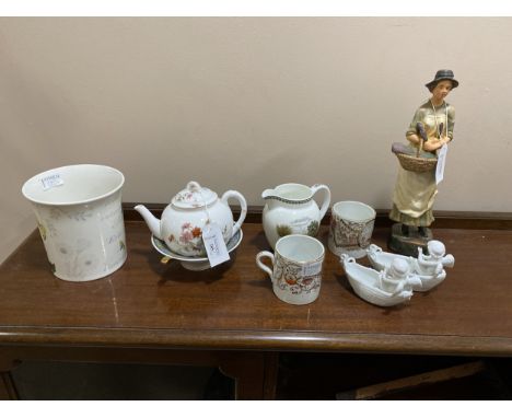 WORCESTER AESTHETIC TEAPOT, 13cm, along with two Victorian mugs, other ceramics, and a resin figure of a girl