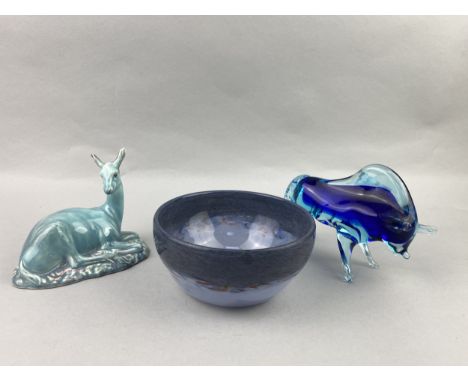 STRATHEARN GLASS BOWL, 16cm diameter, along with a Royal Doulton figure, two ceramic bowls, Beswick deer and glass bull (6)