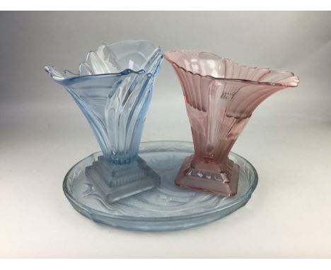 GROUP OF ART GLASS, comprising vases, candlesticks, a bowl and a trinket tray