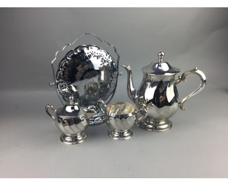 SILVER PLATED FOUR PIECE TEA AND COFFEE SERVICE, along with a silver plated tray and a cake stand