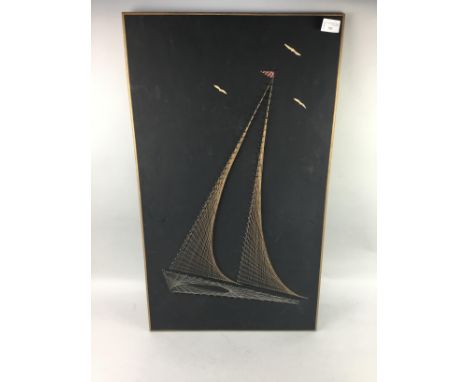 VINTAGE STRING ART PICTURE OF A SAILING BOAT, 72.5cm x 42.4cm overall