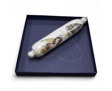 A Nailsea-type glass rolling pin, with transfer printed decoration. 33cm long. Condition - good