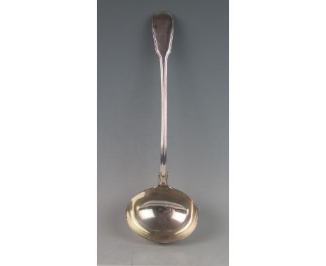 A Victorian silver Fiddle & Thread pattern soup ladle, maker William Eaton, London, 1842, crested, 35cm long, 309gms, 9.93ozs