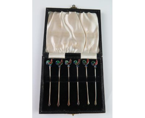A set of six silver and enamel cocktail sticks, maker Barker Brothers Silver Ltd, Birmingham, 1933, with cockerel terminals, 