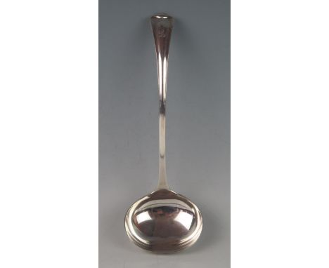 An Edward VII silver soup ladle, maker Atkin Brothers, Sheffield, 1907, initialled, 30cm long, 218gms, 7.04ozs. 