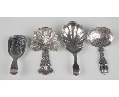 Four assorted silver caddy spoons, various makers and dates, two with shell-shaped bowls, total weight of silver 41gms, 1.33o