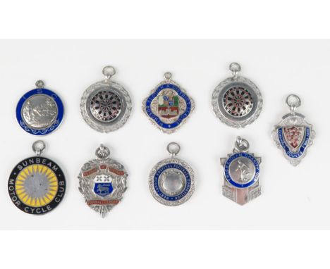 A collection of nine silver and enamel sporting and club medallions, various makers and dates, includes darts, football Sunbe