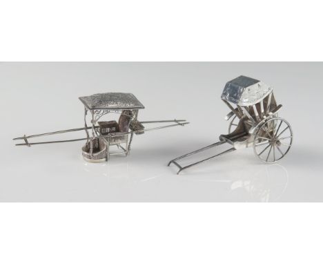 A Chinese silver model of a rickshaw, maker Wang Hing &amp; Co, 8cm long, together with a Chinese silver model of a sedan cha