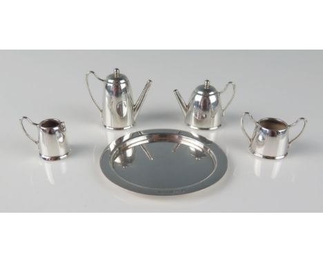 An Elizabeth II miniature silver four-piece tea service, maker Bishton's Ltd, Birmingham, 1972, includes tea and coffee pot, 
